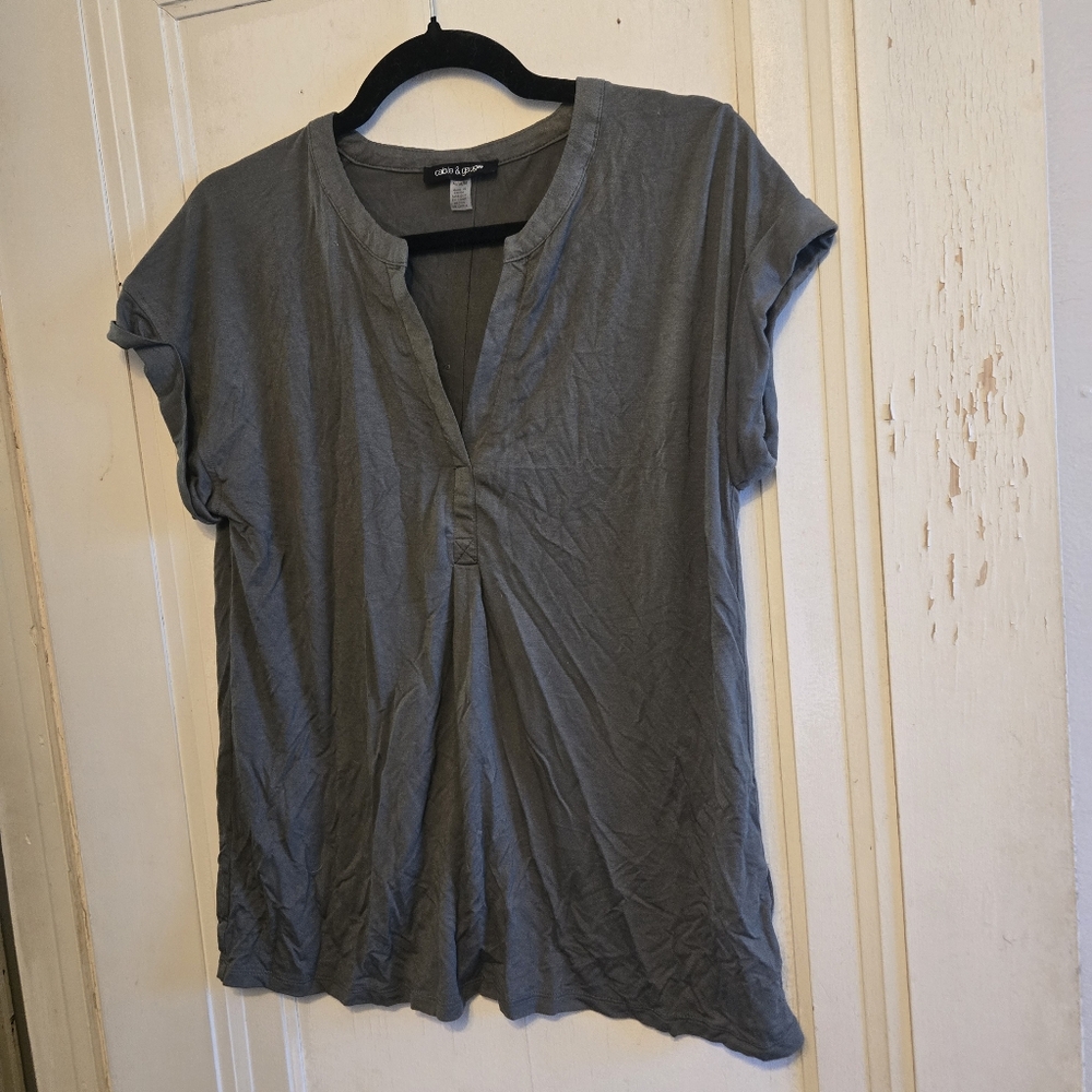 Khaki/olive Green Cable And Gauge Top With Faux Button Detail Down The Back